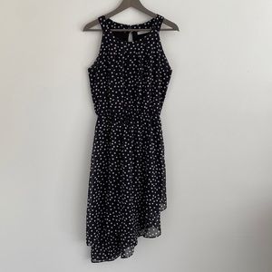 Chiffon Polkadot asymmetrical dress with cinched waist black and white